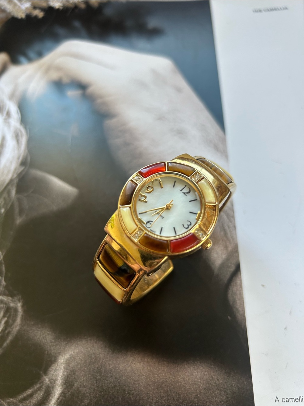 japan movt Gold-Tone Women's Watch with Red Accents